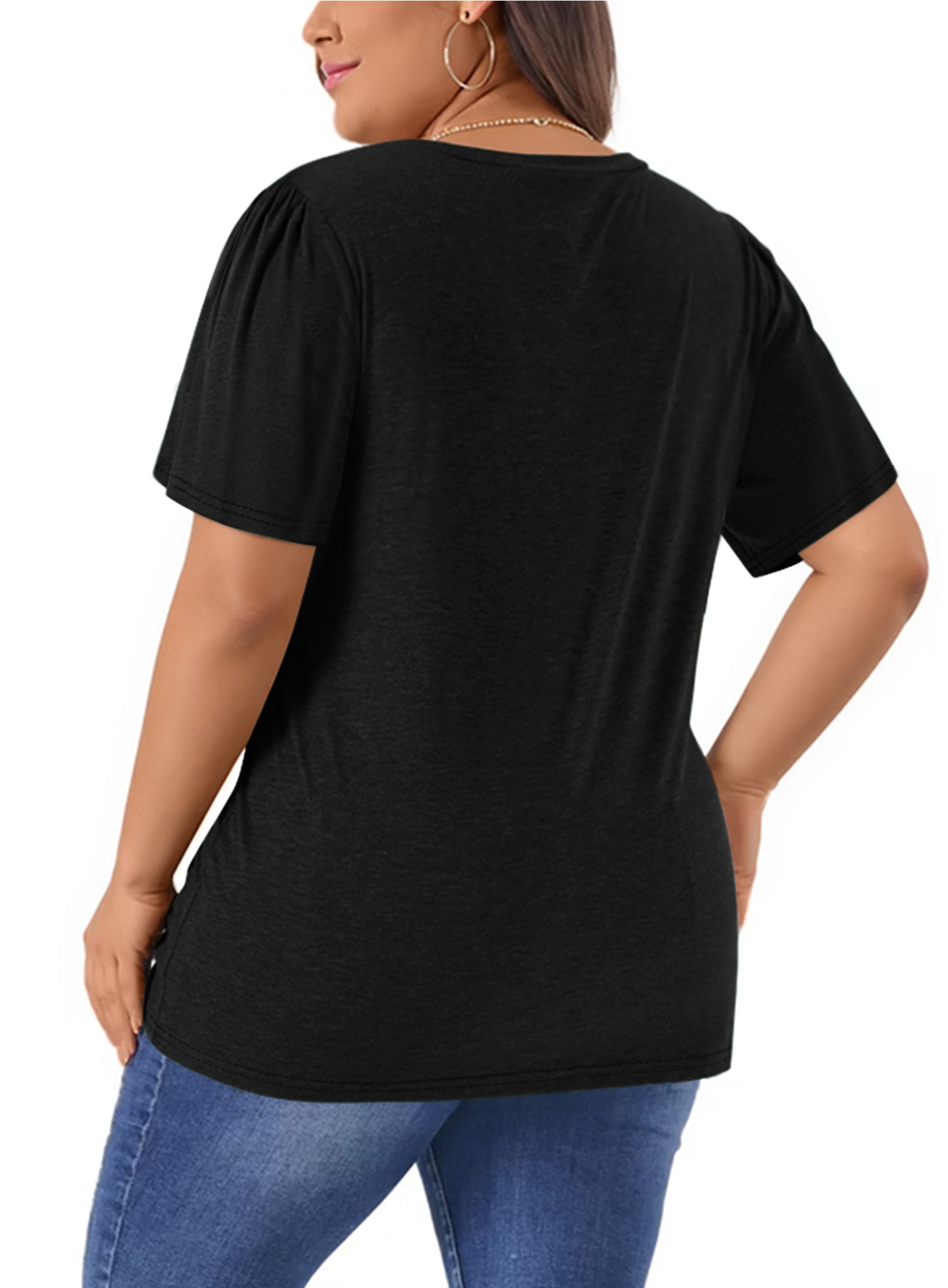 WellSize Plus Size Blouses for Women Button Tunic Tops V Neck Short Sleeve Summer Shirts