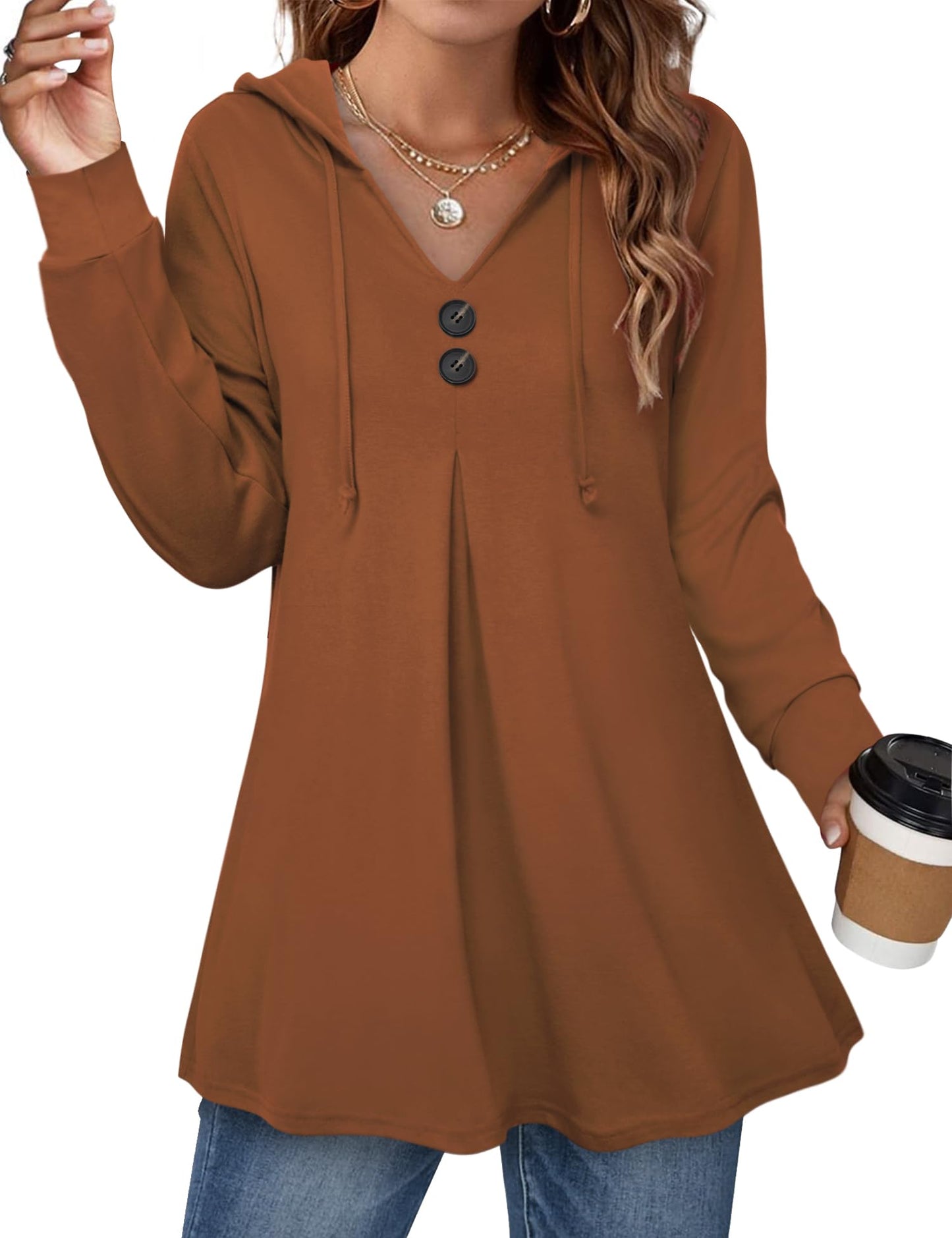 WellSize Plus Size Lightweight Hoodies for Women Long Sleeve Fall Thin Sweatshirts Button Tunic Tops V Neck Pullover