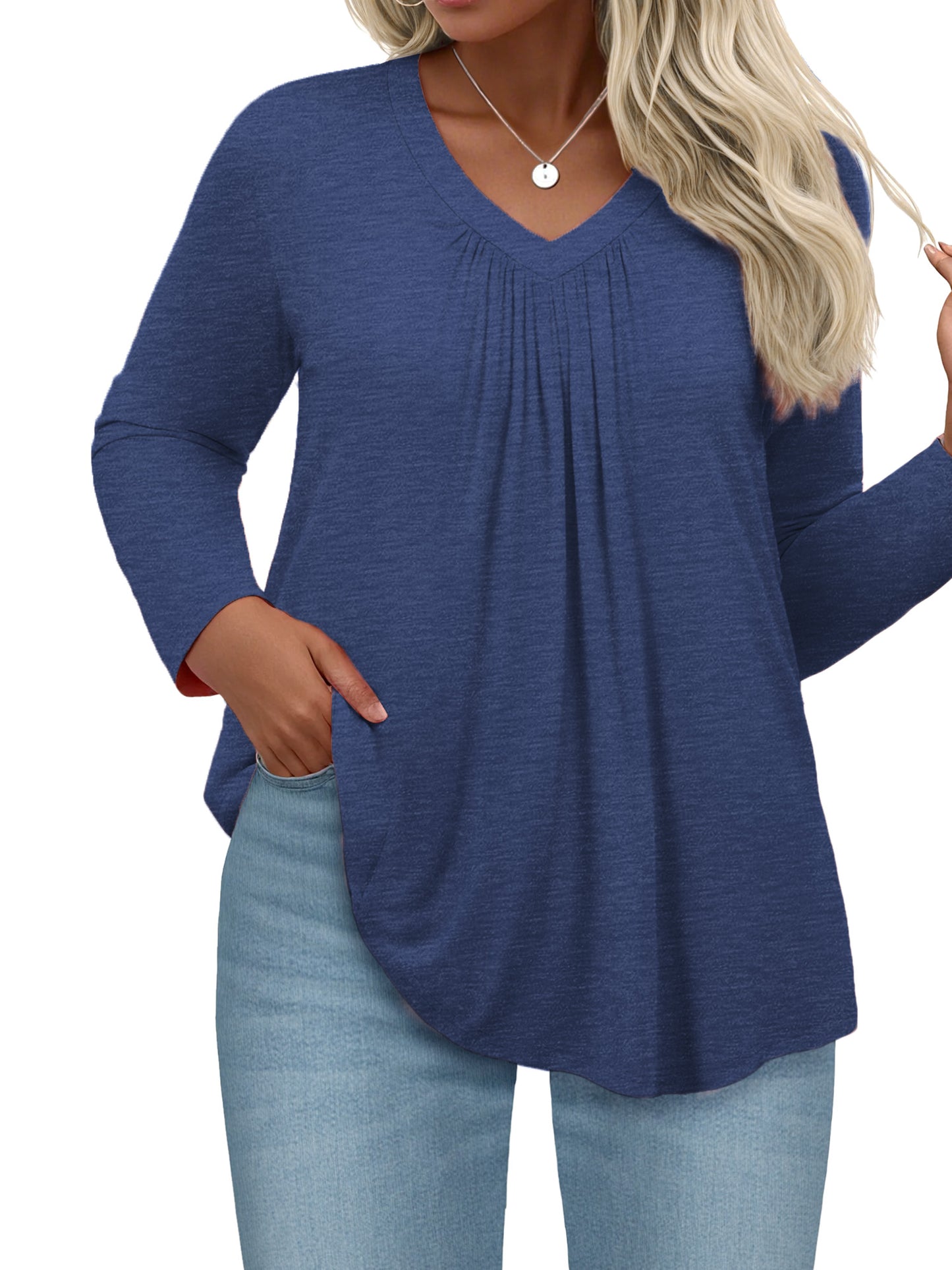 WellSize Womens Plus Size Tops Casual Pleated V Neck Fall Blouse Tunic Long Sleeve Shirts