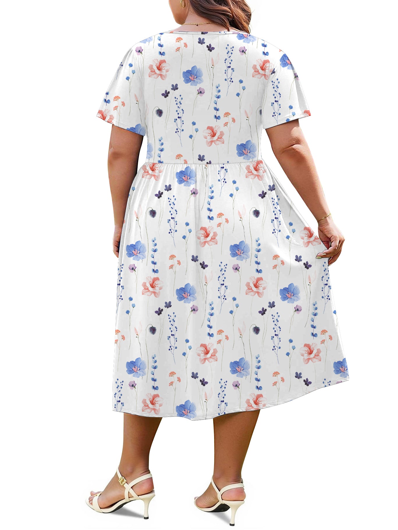 WellSize Plus Size Women Summer Dresses Casual Crew Neck Short Sleeve Sundresses Floral Midi Dress with Pockets
