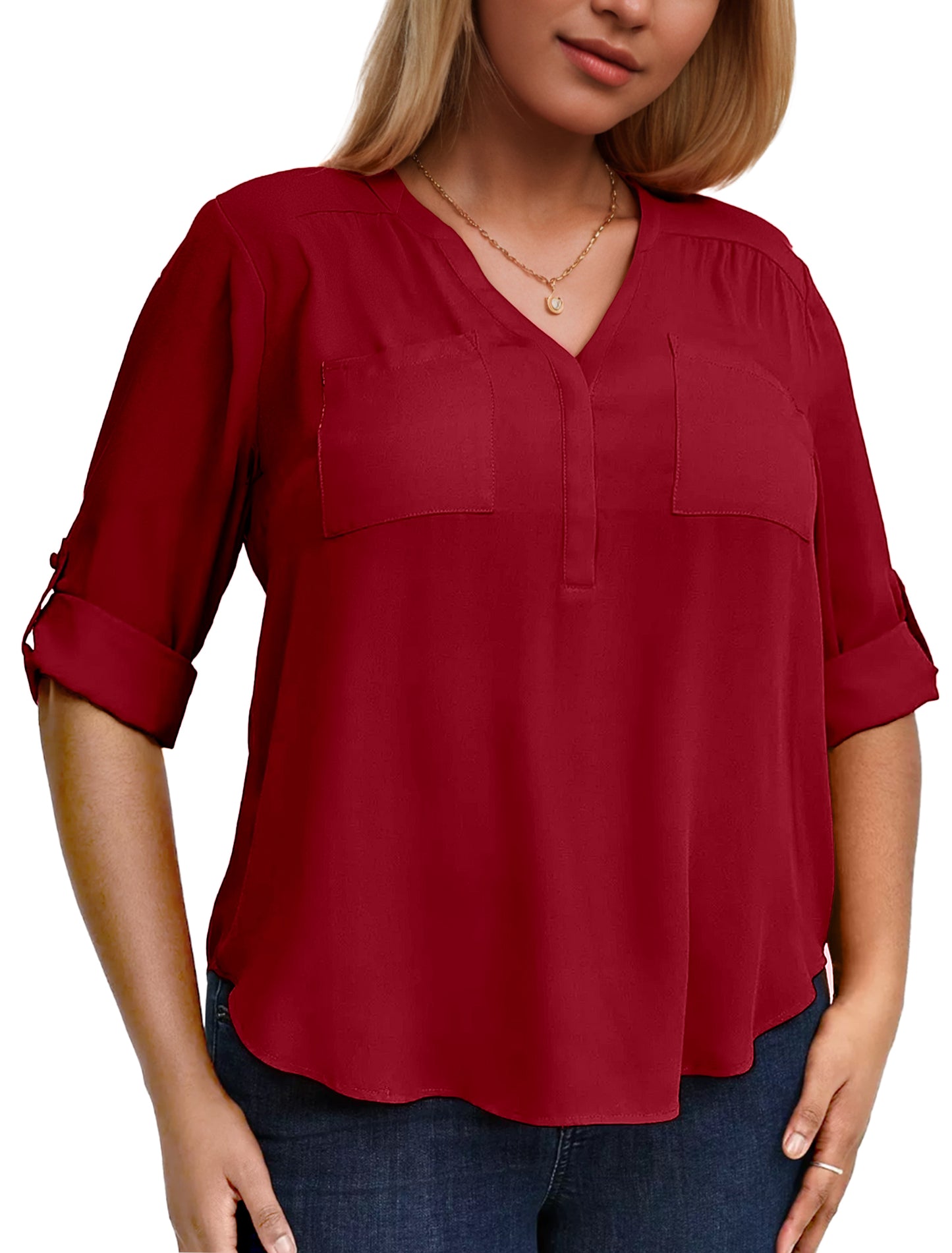 WellSize 3/4 Roll Sleeve Work Shirts for Women Plus Size Tunic Tops Flowy V Neck Button Down Blouses with Pockets