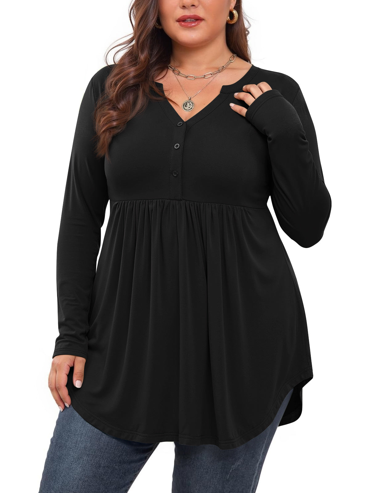 WellSize Plus Size Women Blouses V Neck Curved Hems Tunic Fall Tops Casual Long Sleeve Botton Shirts