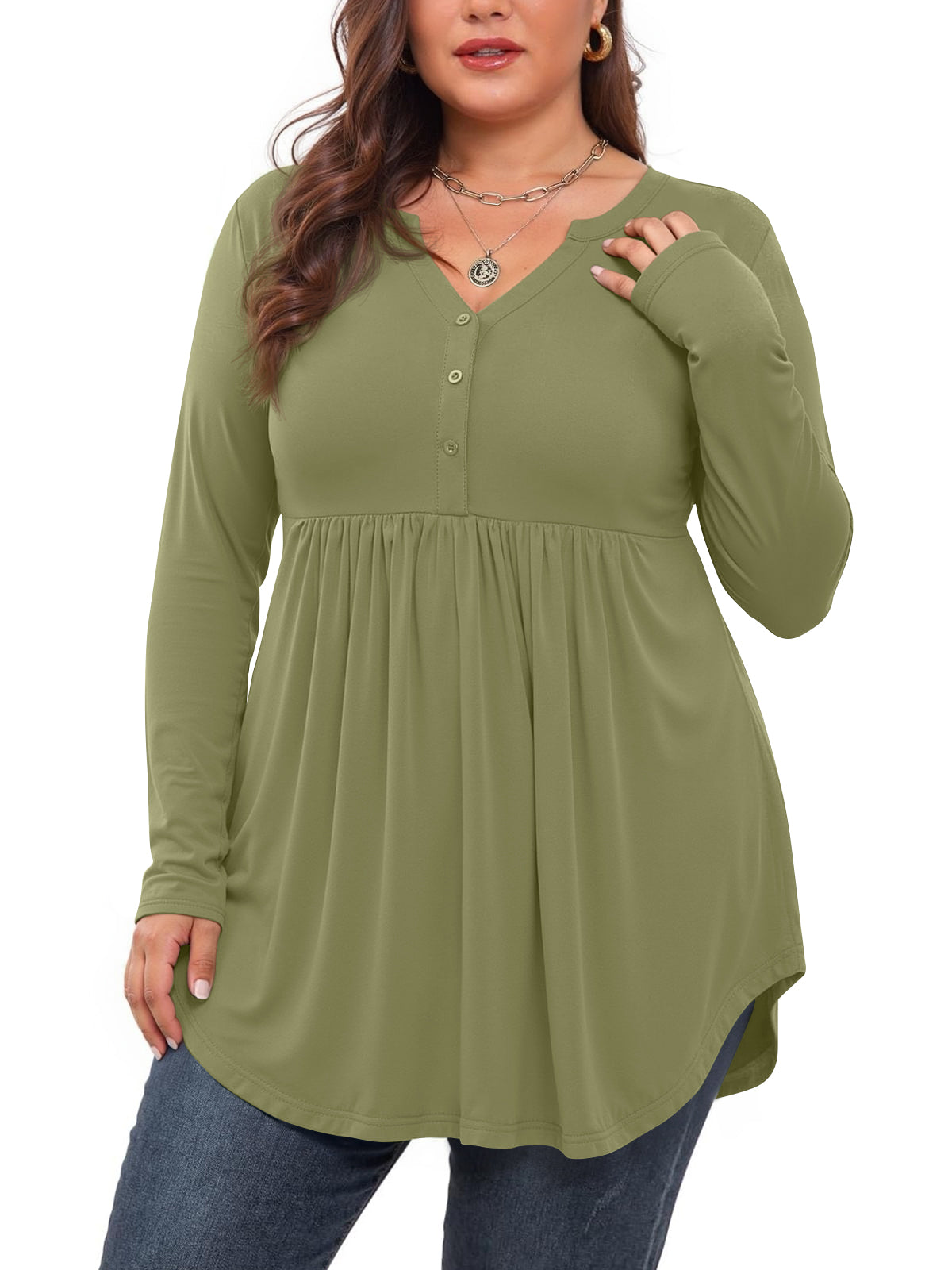 WellSize Plus Size Women Blouses V Neck Curved Hems Tunic Fall Tops Casual Long Sleeve Botton Shirts