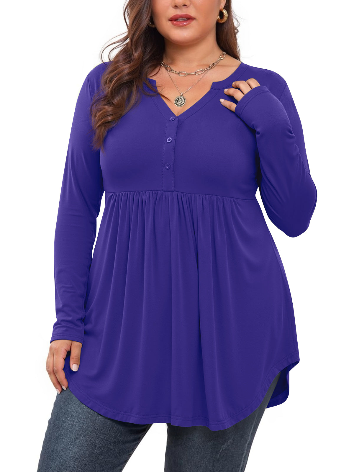 WellSize Plus Size Women Blouses V Neck Curved Hems Tunic Fall Tops Casual Long Sleeve Botton Shirts