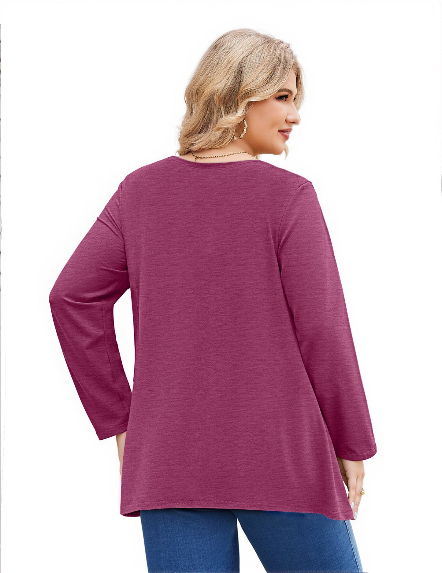 WellSize Plus Size Women Tunic Tops Casual Crew Neck Long Sleeve Blouses Dressy Pleated Fall Shirts