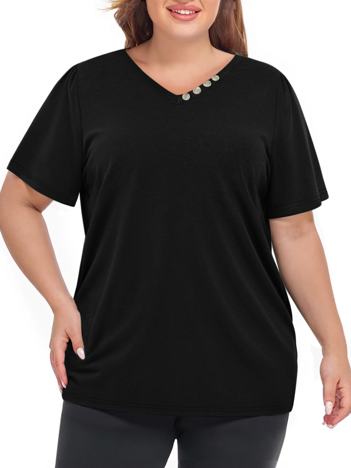 WellSize Plus Size Blouses for Women Button Tunic Tops V Neck Short Sleeve Summer Shirts