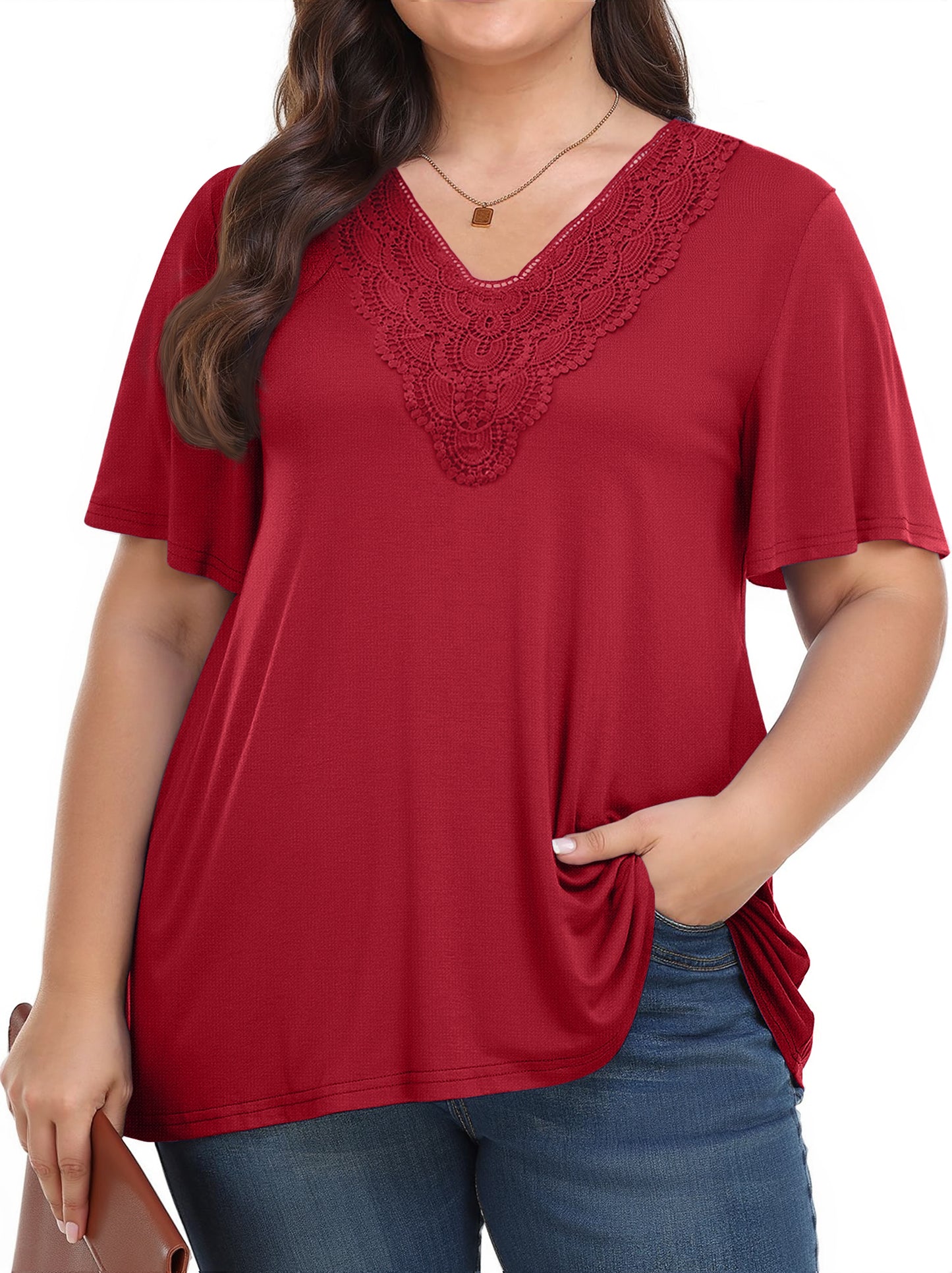 WellSize Women Plus Size Tops Dressy Lace V Neck Shirts Casaul Short Sleeve Tunic Blouses