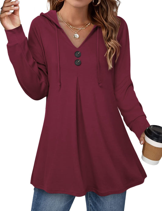 WellSize Plus Size Lightweight Hoodies for Women Long Sleeve Fall Thin Sweatshirts Button Tunic Tops V Neck Pullover