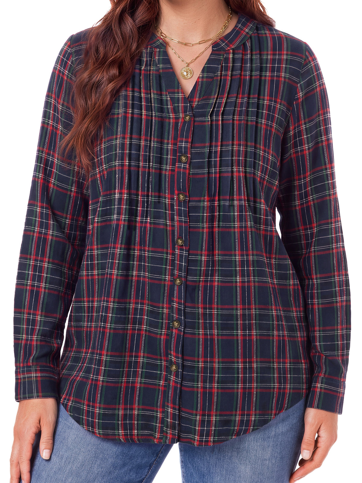 WellSize Plus Size Flannel Plaid Shirts for Women Casual V Neck Button Down Shirts Loose Long Sleeve Fall Tops
