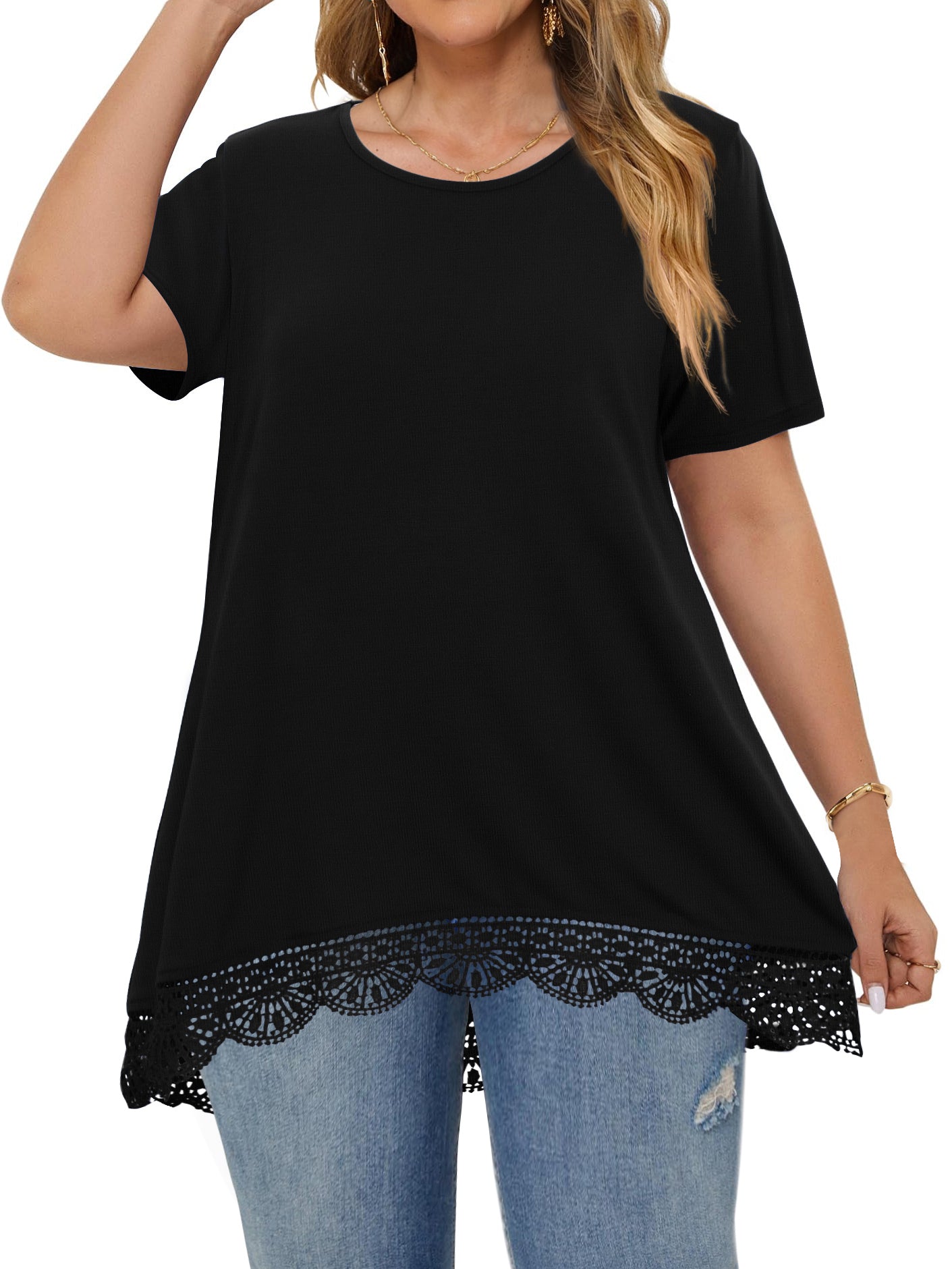 WellSize Women Plus Size Tops Casual Lace Tunic Blouse Summer Crew Neck Short Sleeve Shirts
