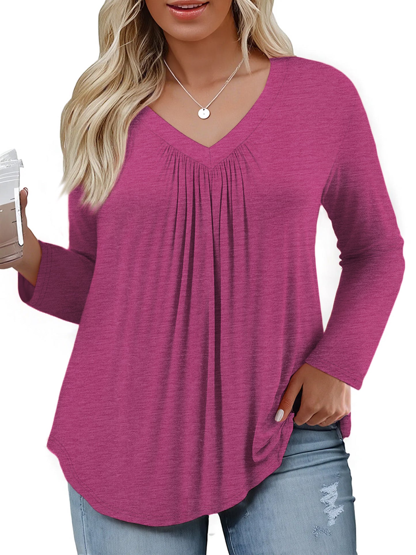 WellSize Womens Plus Size Tops Casual Pleated V Neck Fall Blouse Tunic Long Sleeve Shirts