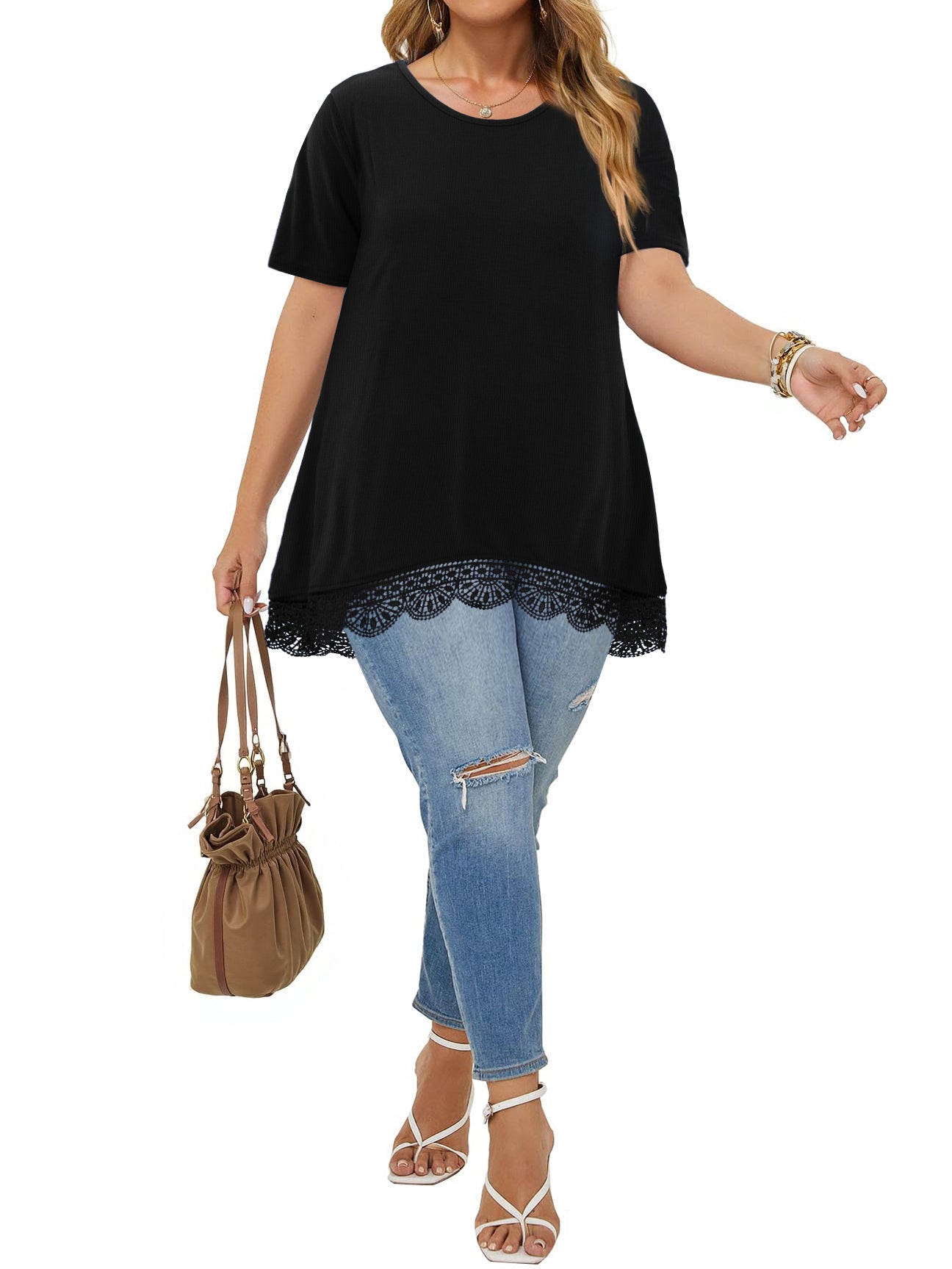 WellSize Women Plus Size Tops Casual Lace Tunic Blouse Summer Crew Neck Short Sleeve Shirts