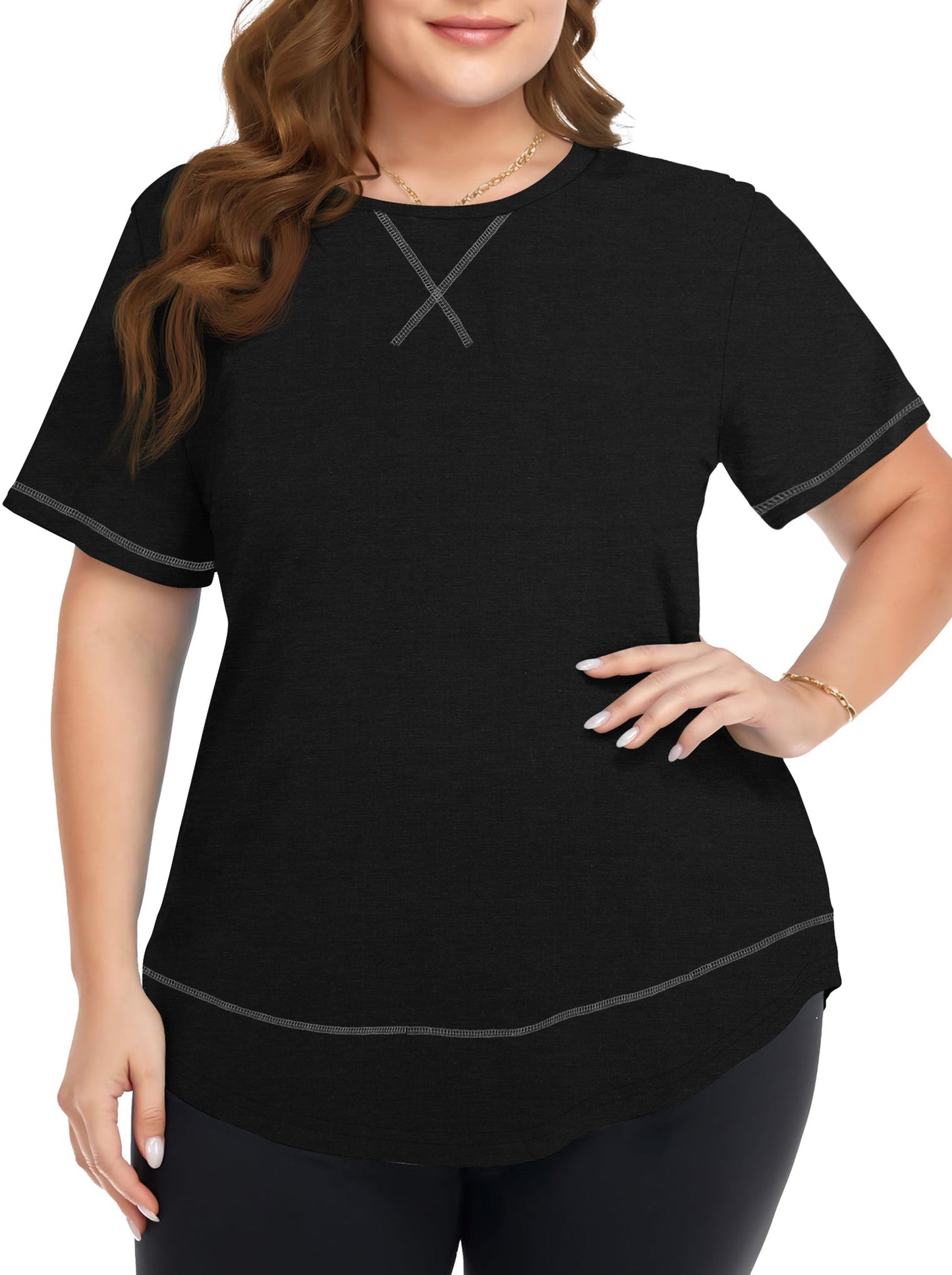 WellSize Womens Plus size Tops Curved Hem Summer Short Sleeve Shirts Loose Casual Tunic Tee