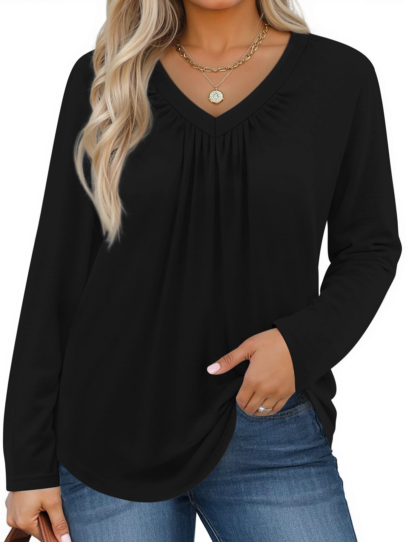 WellSize Womens Plus Size Tops Casual Pleated V Neck Fall Blouse Tunic Long Sleeve Shirts