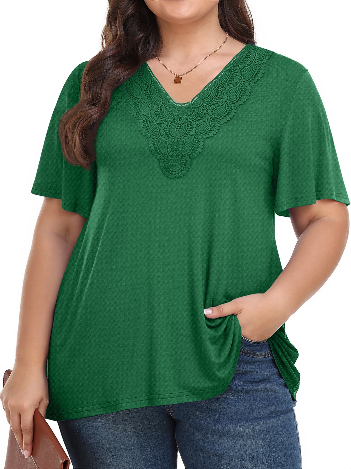 WellSize Women Plus Size Tops Dressy Lace V Neck Shirts Casaul Short Sleeve Tunic Blouses