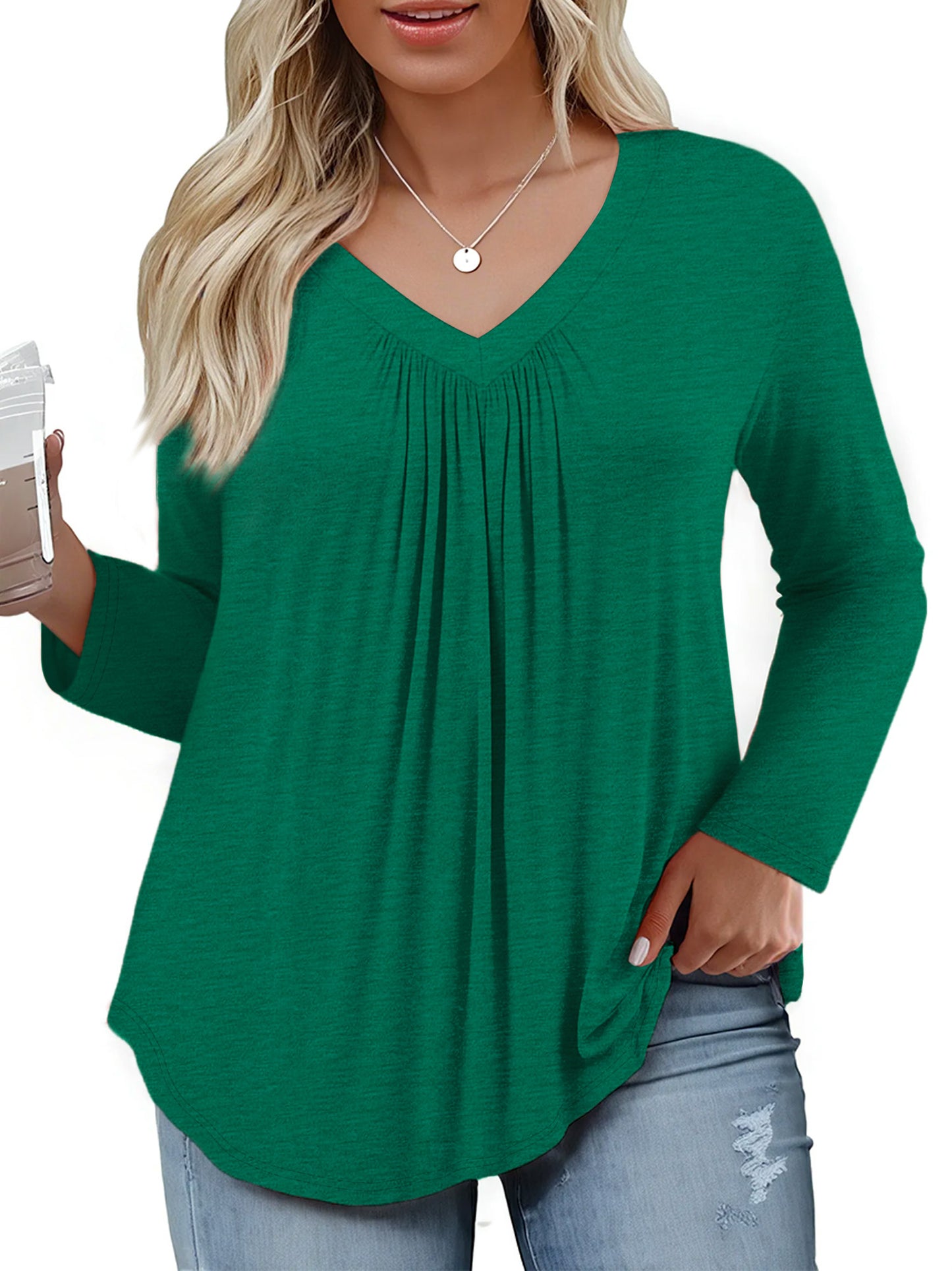 WellSize Womens Plus Size Tops Casual Pleated V Neck Fall Blouse Tunic Long Sleeve Shirts