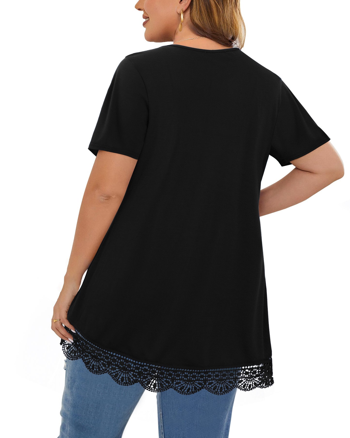 WellSize Women Plus Size Tops Casual Lace Tunic Blouse Summer Crew Neck Short Sleeve Shirts