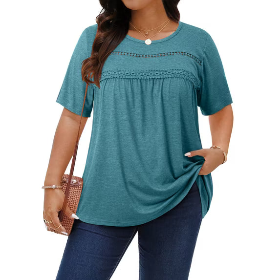 WellSize Lace Plus Size Women Blouses Casual Tunic Boho Tops Crew Neck Short Sleeve Shirts Trendy Summer Blouses