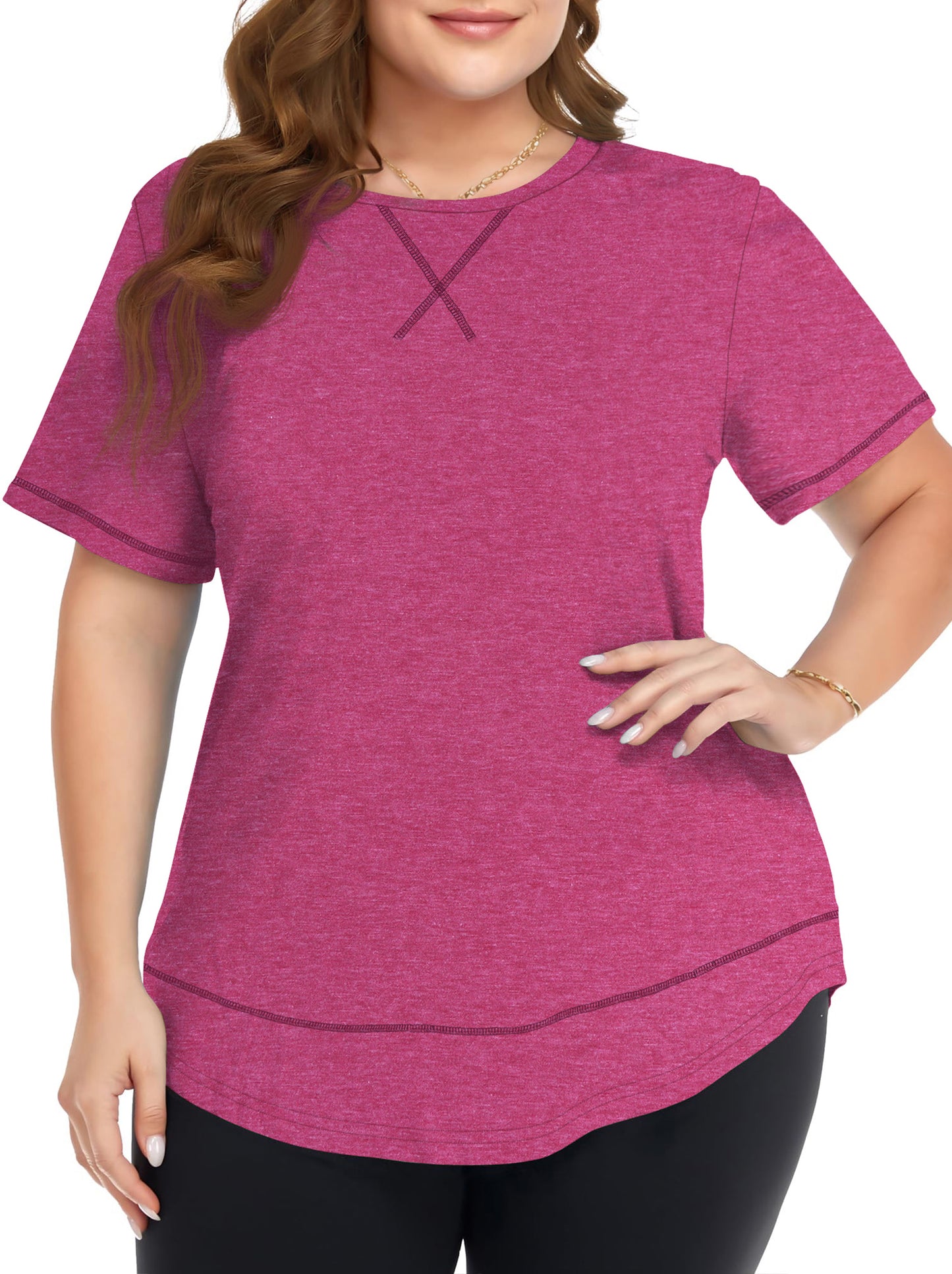 WellSize Womens Plus size Tops Curved Hem Summer Short Sleeve Shirts Loose Casual Tunic Tee