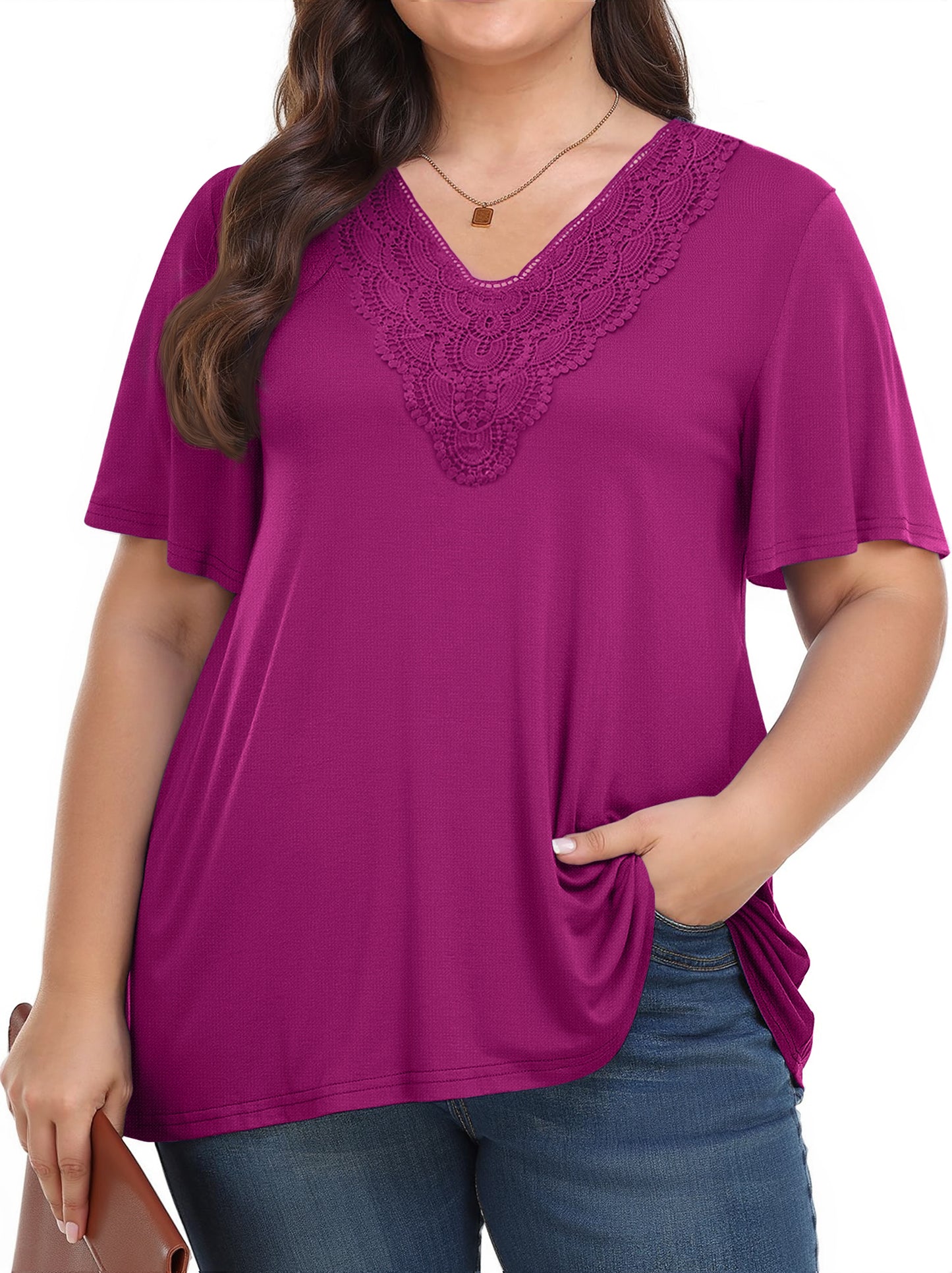 WellSize Women Plus Size Tops Dressy Lace V Neck Shirts Casaul Short Sleeve Tunic Blouses