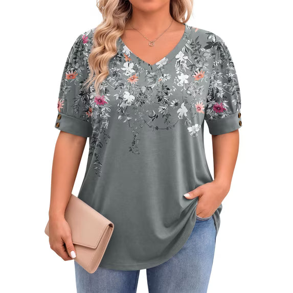 WellSize Plus Size Women Blouses Casual Button V Neck tunic tops Summer Short Sleeve Shirts