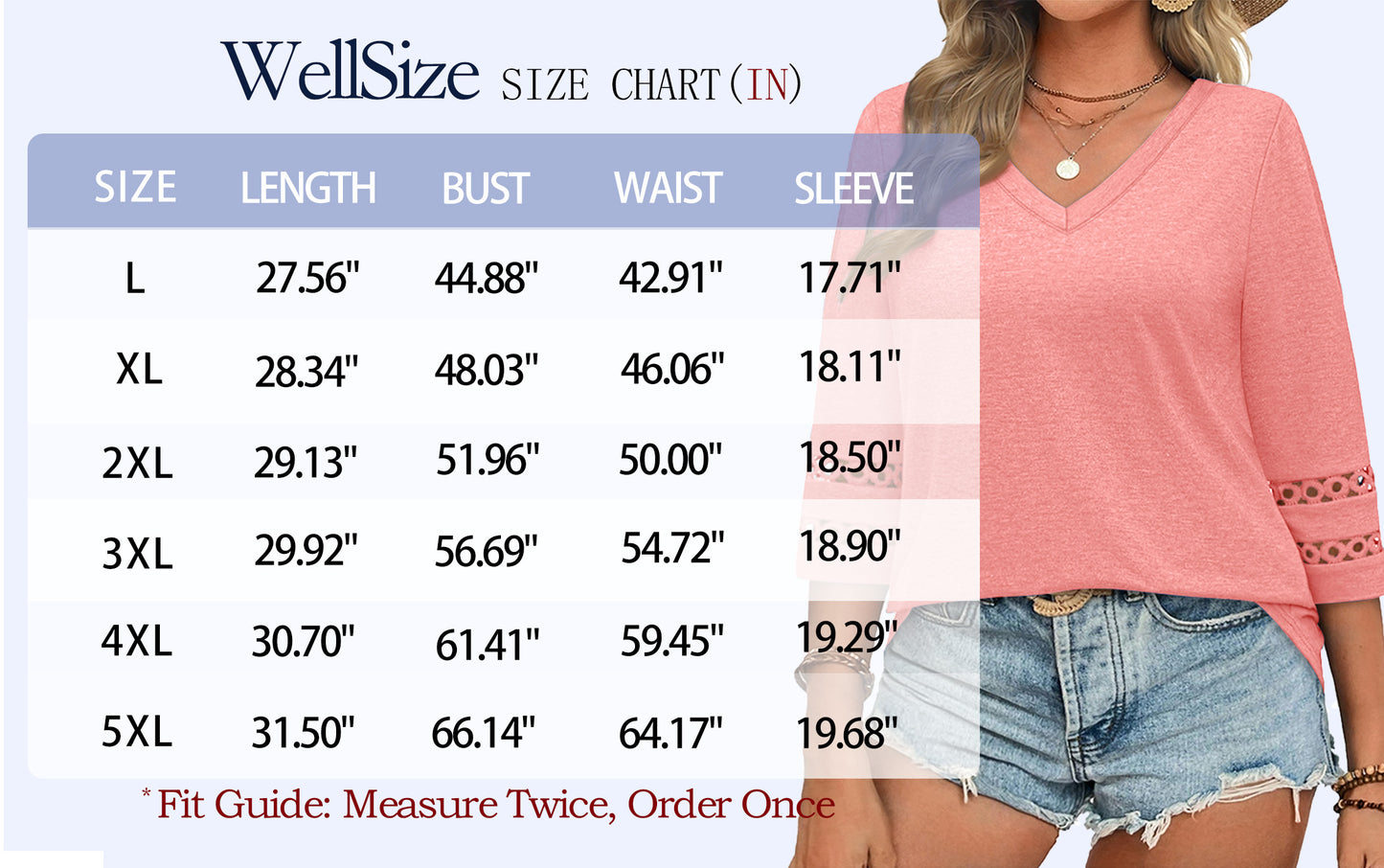 WellSize 3/4 Sleeve Womens Plus Size Tops V Neck Trendy Tunic Blouses Curved Hem Casual Shirts