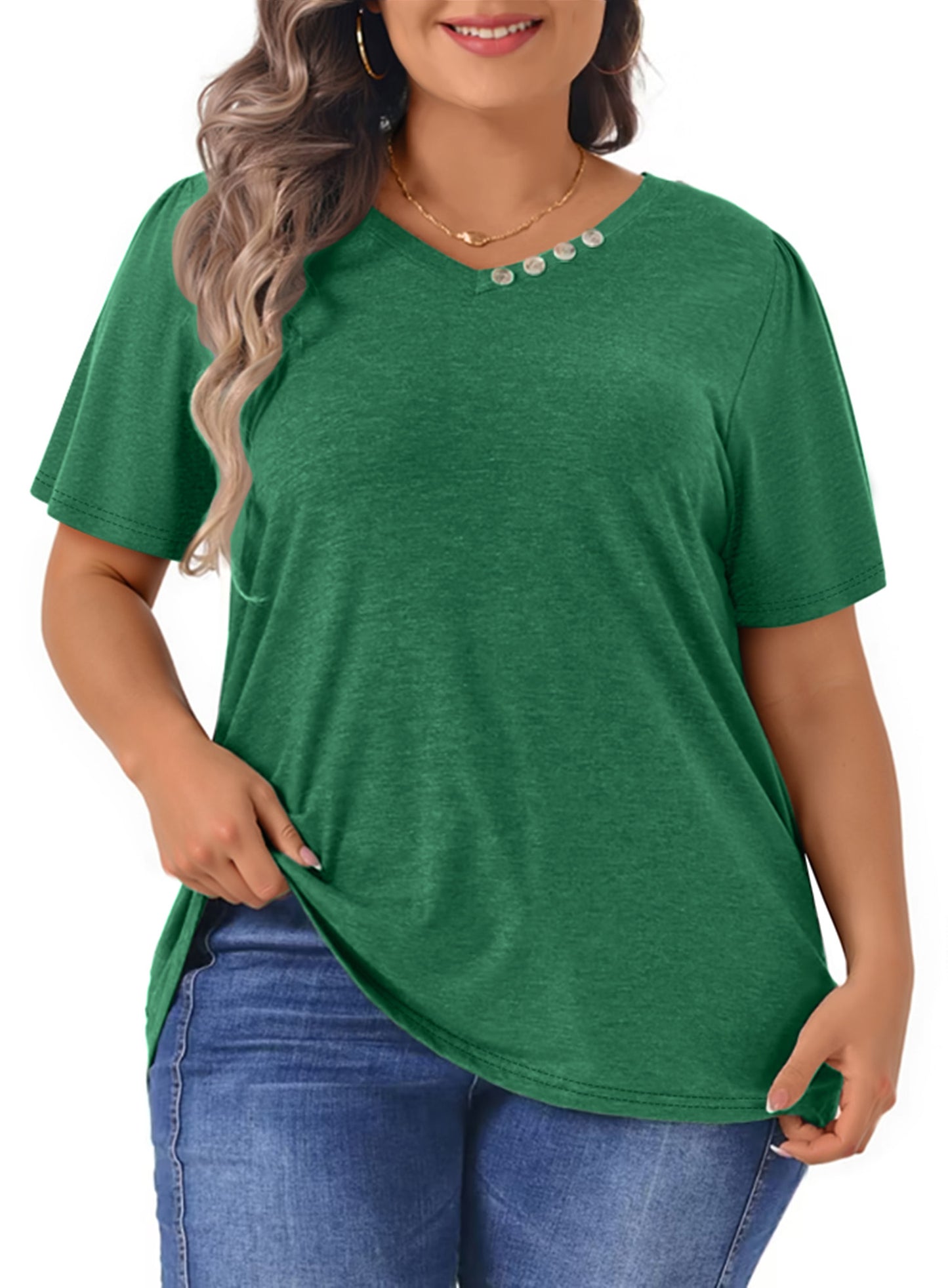 WellSize Plus Size Blouses for Women Button Tunic Tops V Neck Short Sleeve Summer Shirts
