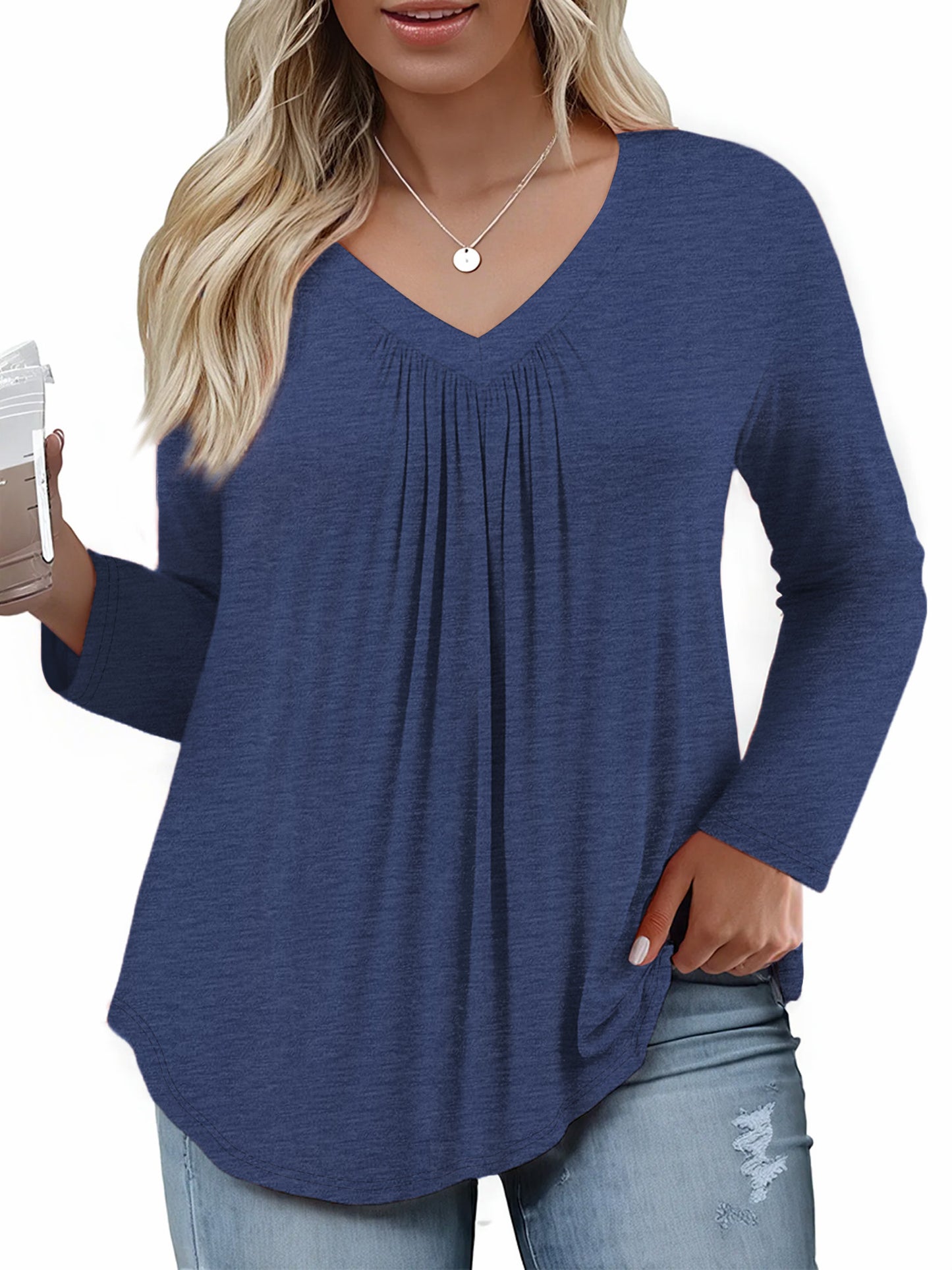 WellSize Womens Plus Size Tops Casual Pleated V Neck Fall Blouse Tunic Long Sleeve Shirts