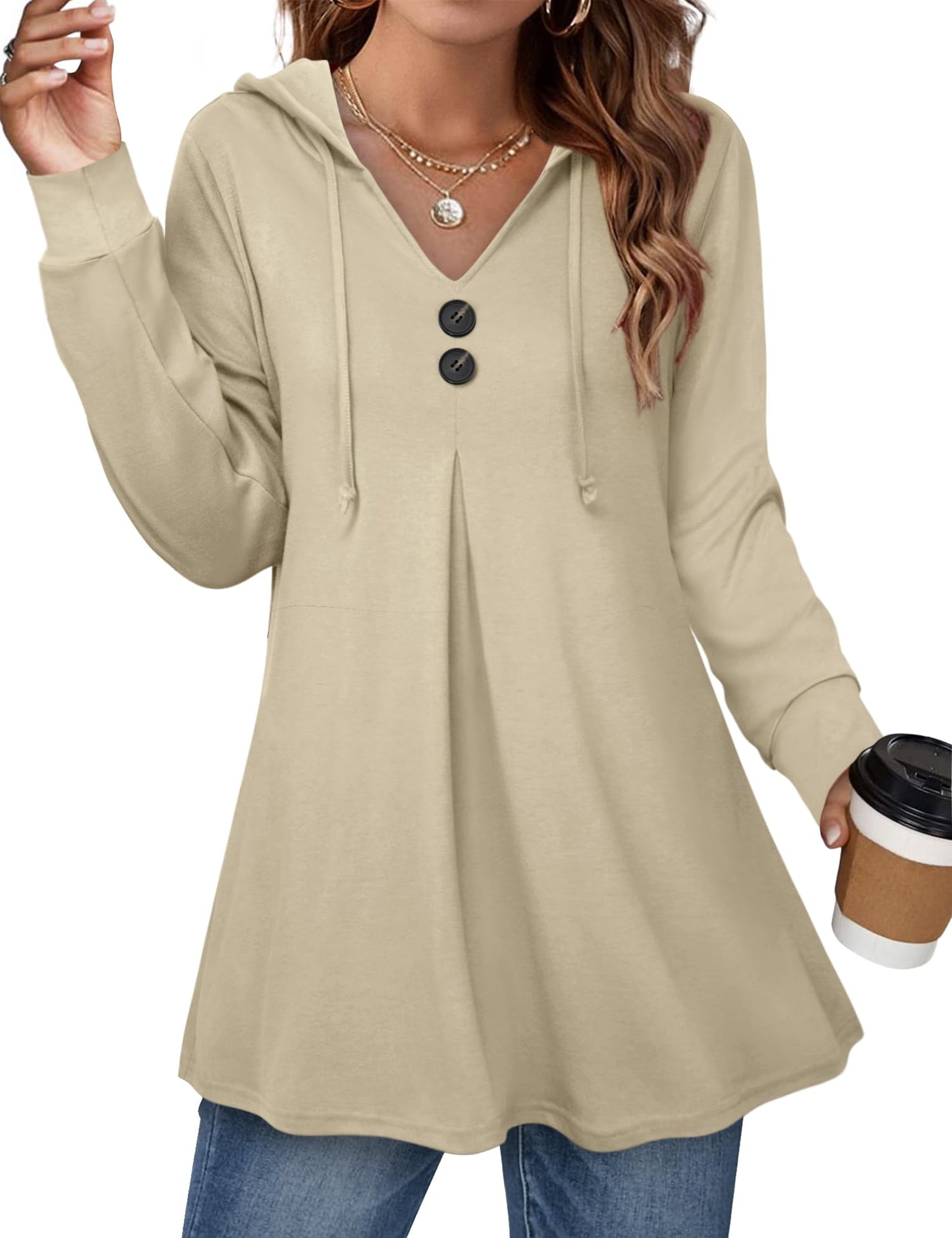 WellSize Plus Size Lightweight Hoodies for Women Long Sleeve Fall Thin Sweatshirts Button Tunic Tops V Neck Pullover