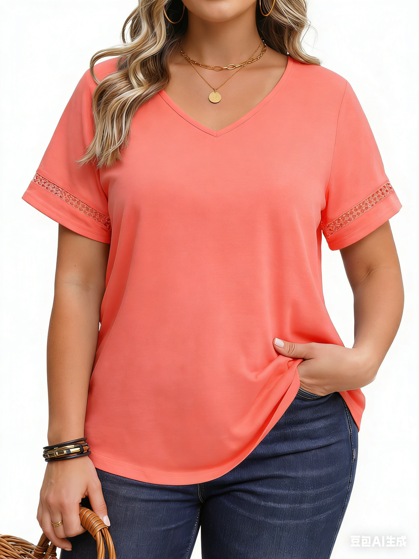 WellSize Plus Size V Neck Tops for Women Dressy Lace Short Sleeve Shirts Casual Summer Tunic Blouses