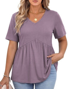 WellSize Plus Size Women Tops Casual V Neck Blouses Summer Short Sleeve Shirts Floral Tunic Tops