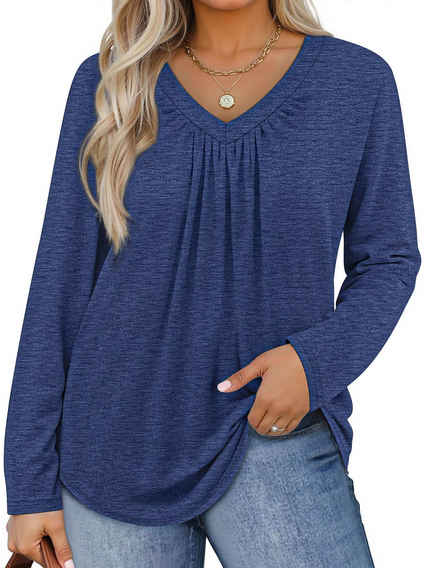 WellSize Womens Plus Size Tops Casual Pleated V Neck Fall Blouse Tunic Long Sleeve Shirts