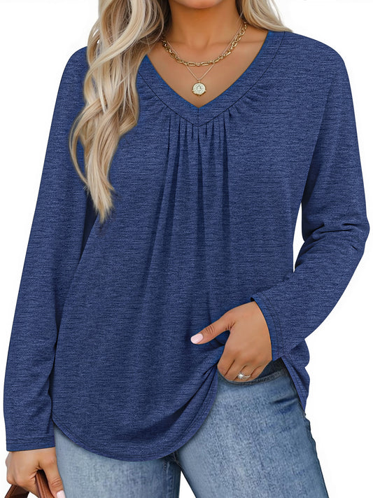 WellSize Womens Plus Size Tops Casual Pleated V Neck Fall Blouse Tunic Long Sleeve Shirts