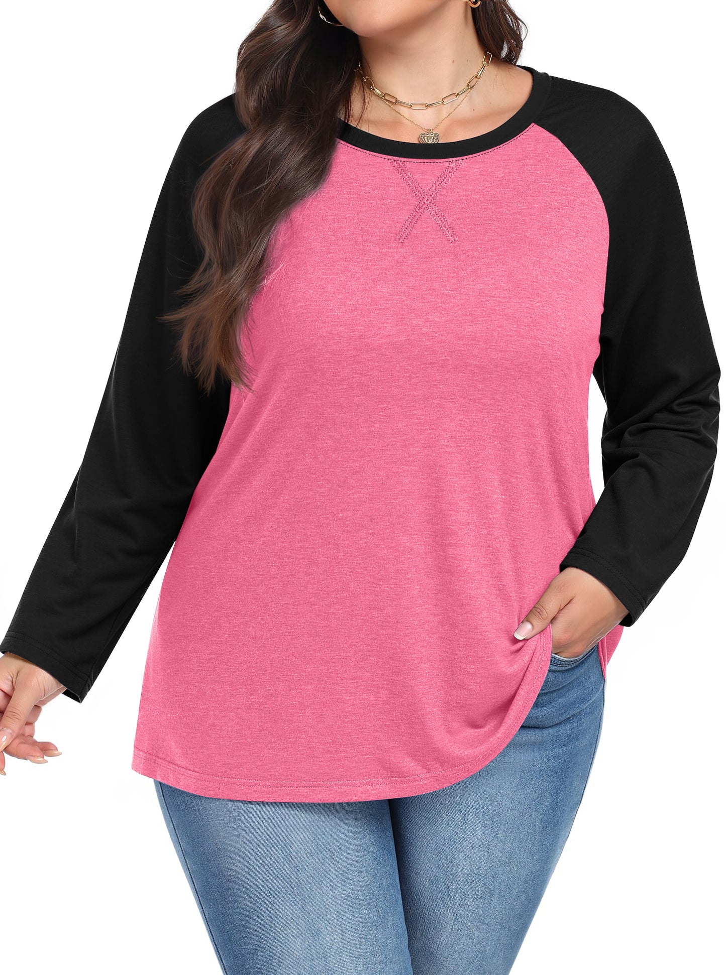 WellSize Plus Size T Shirts for Women Color Block Long Sleeve Fall Tops Casual Tee Crew Neck Blouses