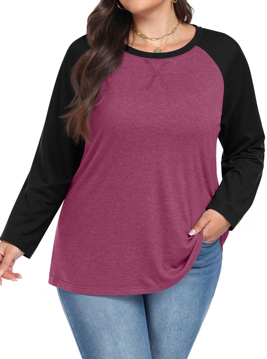 WellSize Plus Size T Shirts for Women Color Block Long Sleeve Tops Casual Tee Crew Neck Blouses