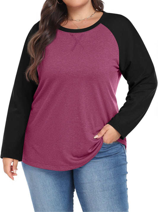 WellSize Plus Size T Shirts for Women Color Block Long Sleeve Tops Casual Tee Crew Neck Blouses