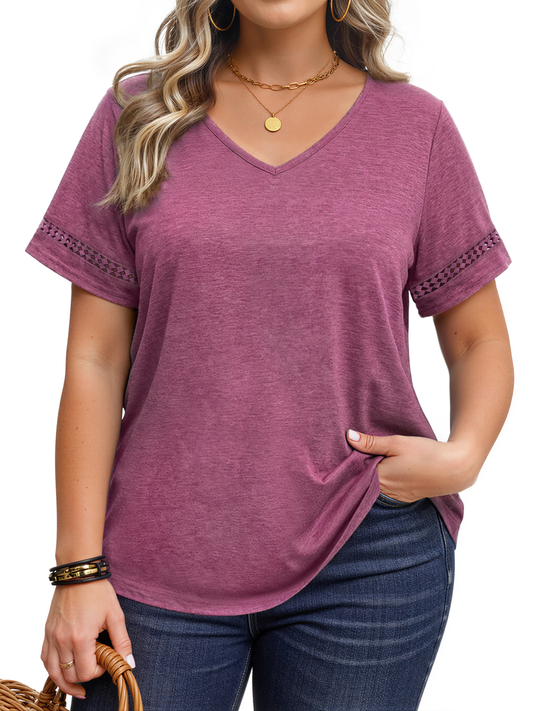 WellSize Plus Size V Neck Tops for Women Dressy Lace Short Sleeve Shirts Casual Summer Tunic Blouses