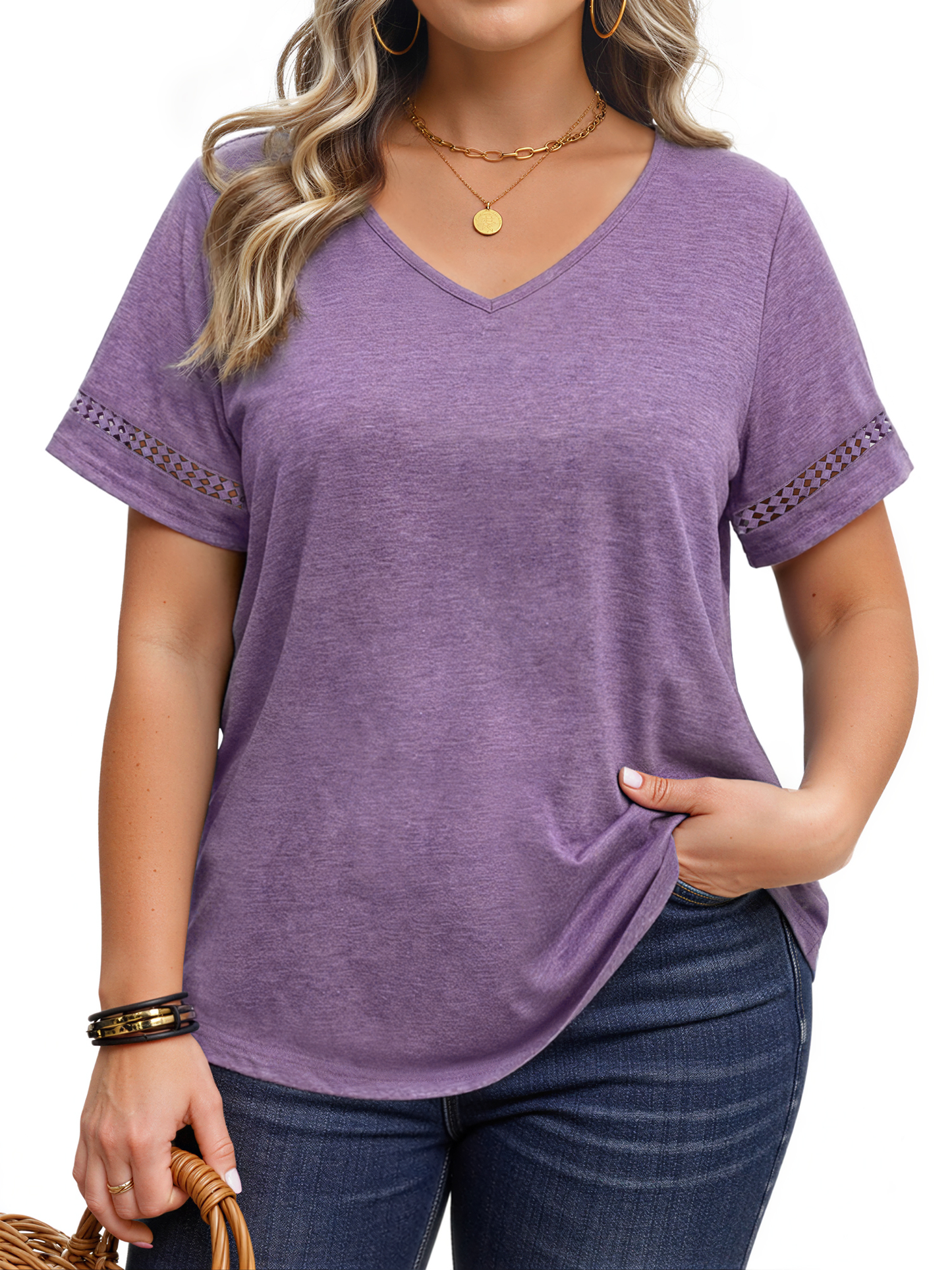 WellSize Plus Size V Neck Tops for Women Dressy Lace Short Sleeve Shirts Casual Summer Tunic Blouses