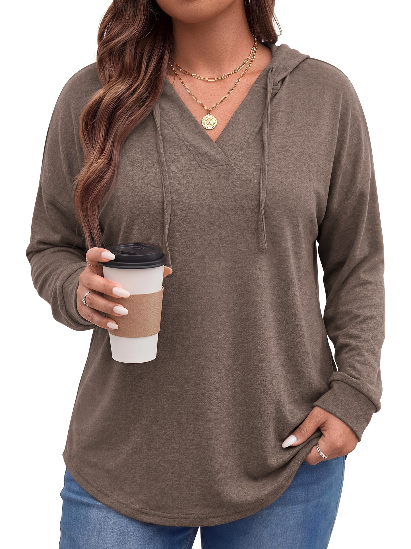 WellSize Plus Size Hoodies for Women V Neck Pullover Sweatshirts Drawstring Long Sleeve Tops Loose Fit Fall Outfits