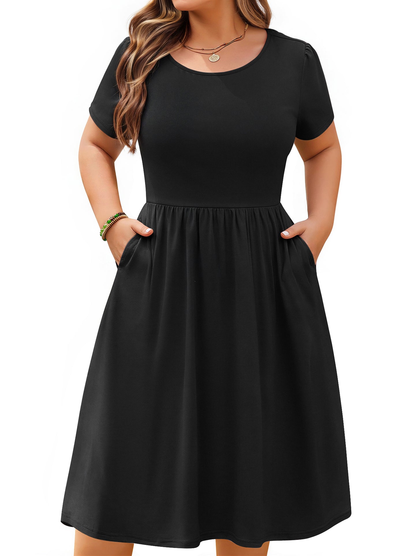 WellSize Summer Plus Size Dresses for Women Short Sleeve A-Line Midi Dresses Casual Floral Print Beach Dress with Pockets