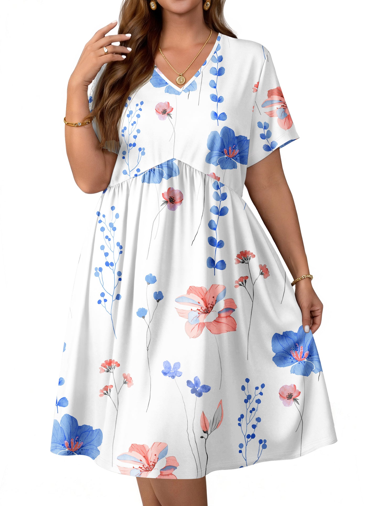 WellSize Plus size Dresses For Women Floral Casual V Neck Short Sleeve Sundresses Midi Summer Dress with Pockets