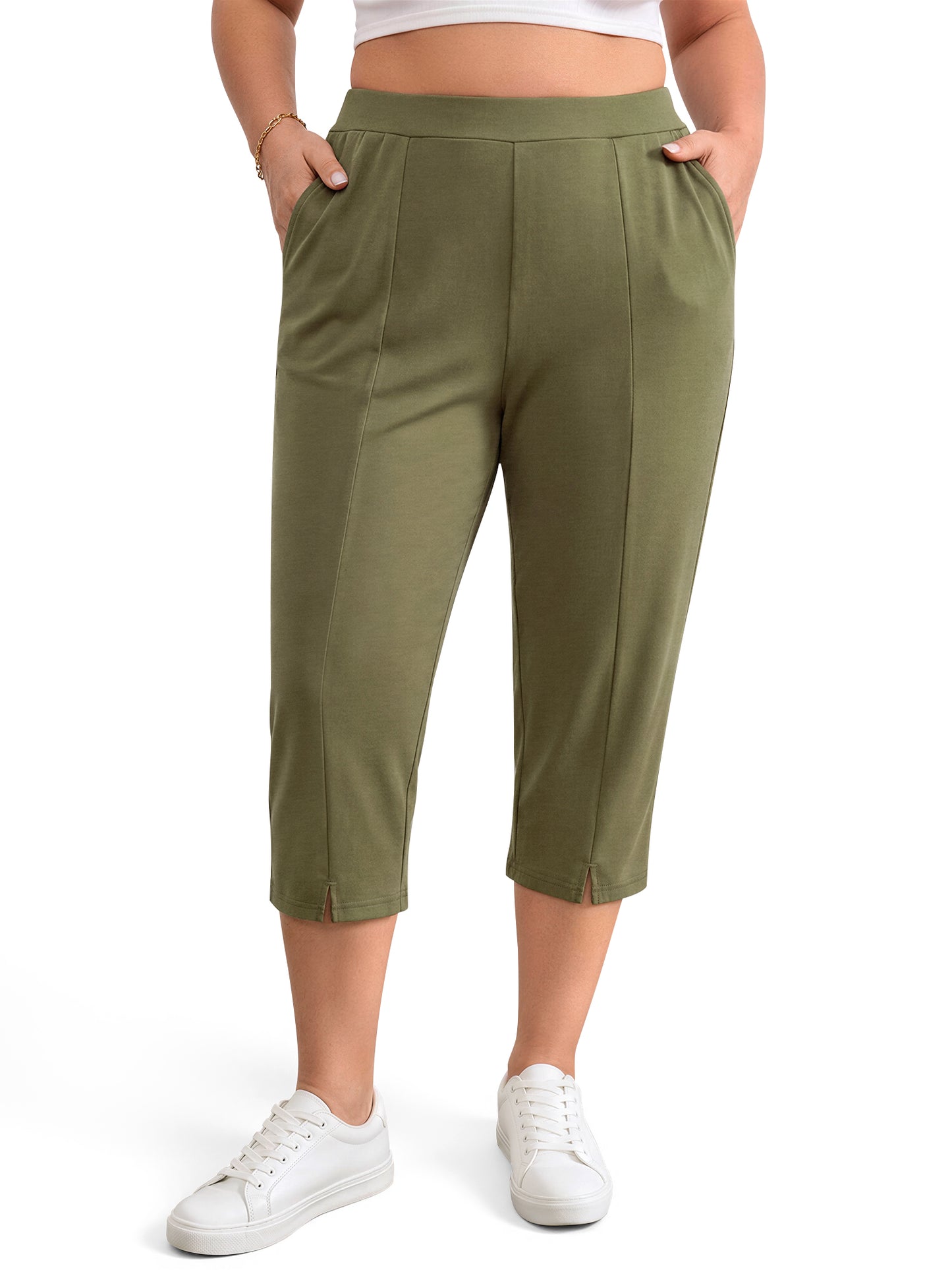 WellSize Plus Size Capri Pants for Women High Waisted Split Casual Lounge Pants With Pockets Summer Lightweight Cropped Pants