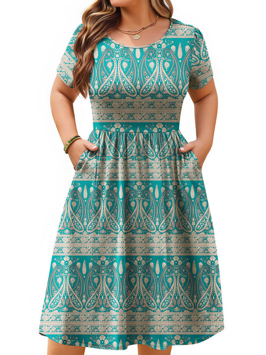 WellSize Summer Plus Size Dresses for Women Short Sleeve A-Line Midi Dresses Casual Floral Print Beach Dress with Pockets