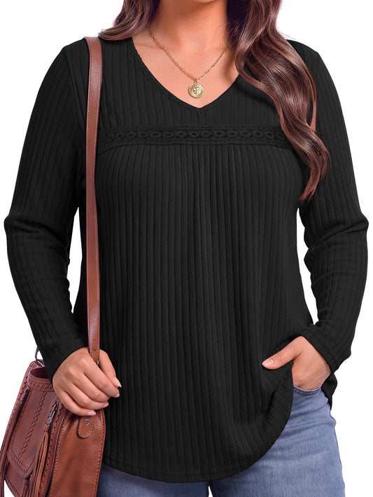 WellSize Long Sleeve Shirts for Women Plus Size Lace Tunic Tops Casual V Neck Pullover Fall Lightweight Sweaters for Women