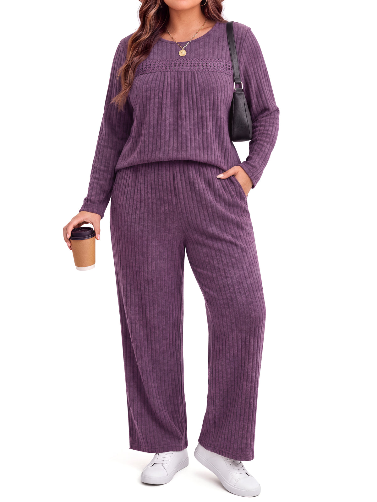 WellSize Womens Plus Size 2 Piece Outfit Sets Lace Long Sleeve Tops Wide Leg Pants Fall Travel Vacation Outfits Lounge Sets