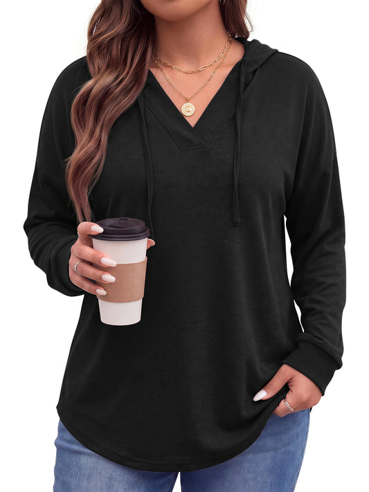 WellSize Plus Size Hoodies for Women V Neck Pullover Sweatshirts Drawstring Long Sleeve Tops Loose Fit Fall Outfits