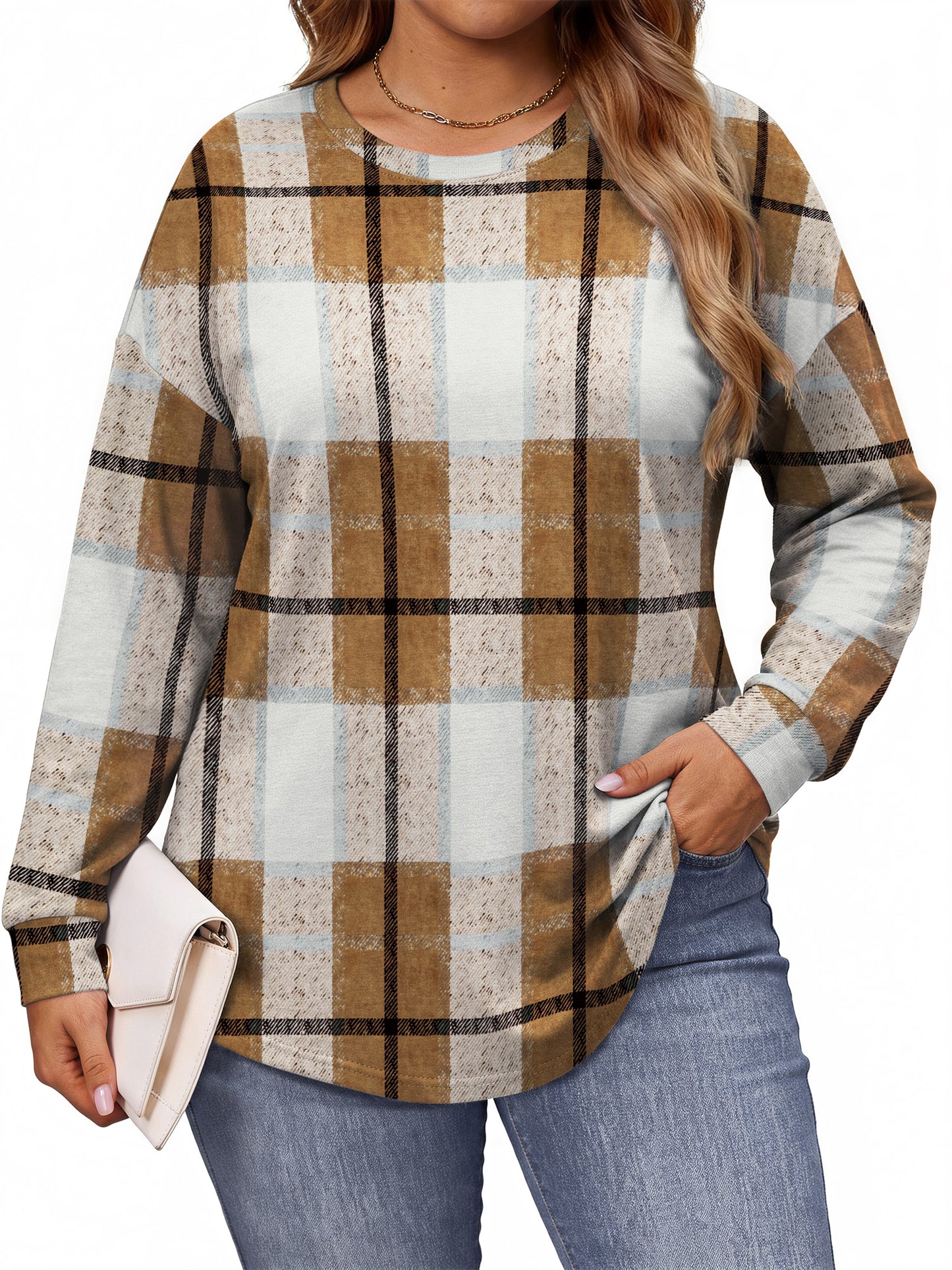WellSize Plus Size Sweatshirts for Women Casual Plaid Crewneck Tops Tunic Pullover Sweatshirts Fall Outfits