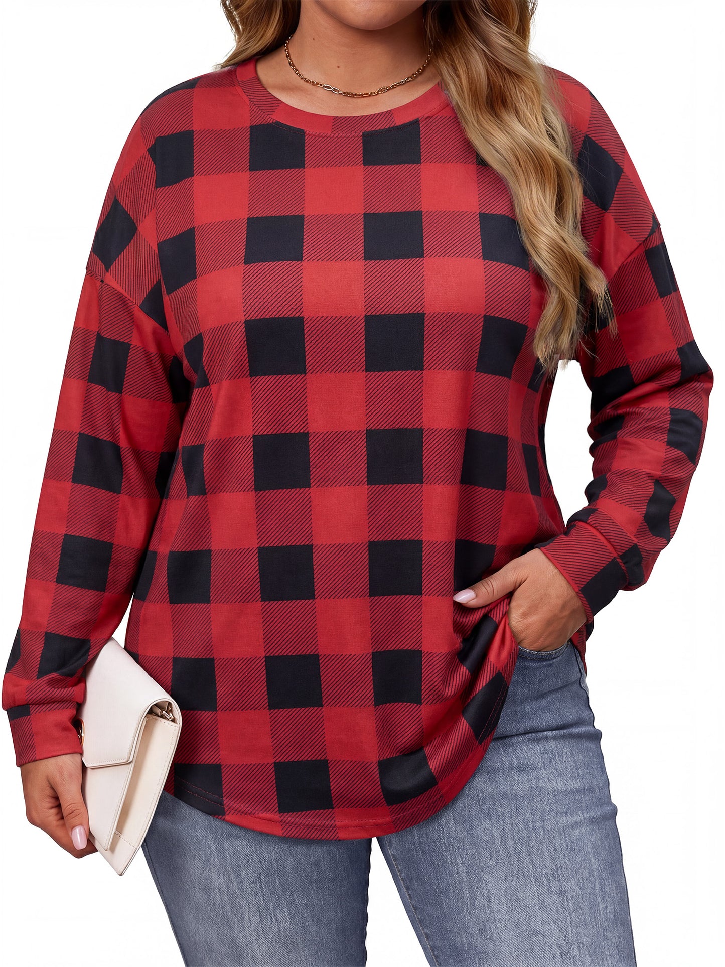 WellSize Plus Size Sweatshirts for Women Casual Plaid Crewneck Tops Tunic Pullover Sweatshirts Fall Outfits