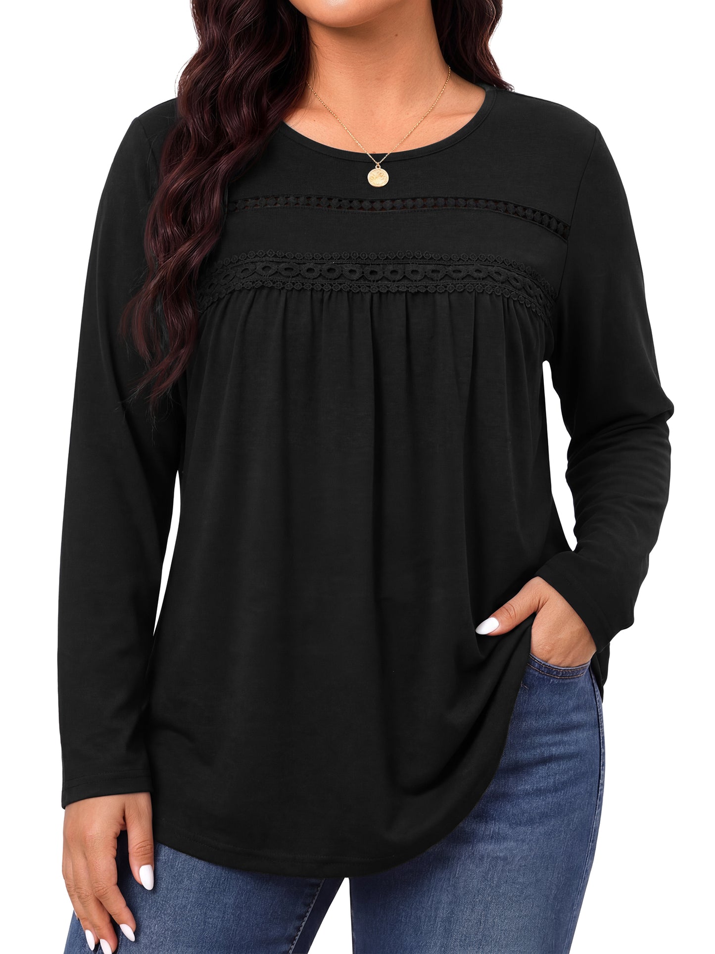 WellSize Plus Size Women Blouses Lace Long Sleeve Boho Tops Crew Neck Fall Shirts Trendy Tunic Blouses