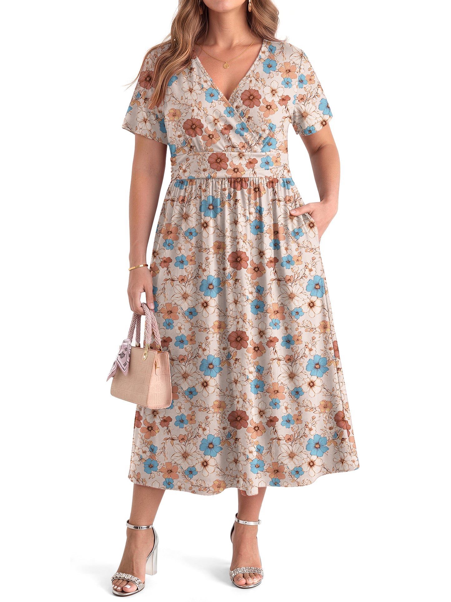 WellSize Plus Size Maxi Dresses for Women Casual V Neck Short Sleeve Floral Dress Summer Flowy Sundresses with Pockets